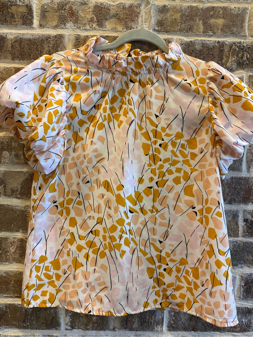 THML Abstract Print Puff Sleeve Mock Neck Blouse XS